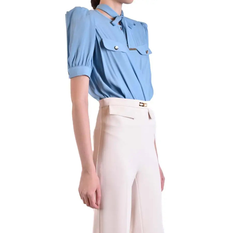 Light blue viscose blouse by Elisabetta Franchi with puffed short sleeves and a tie-neck detail