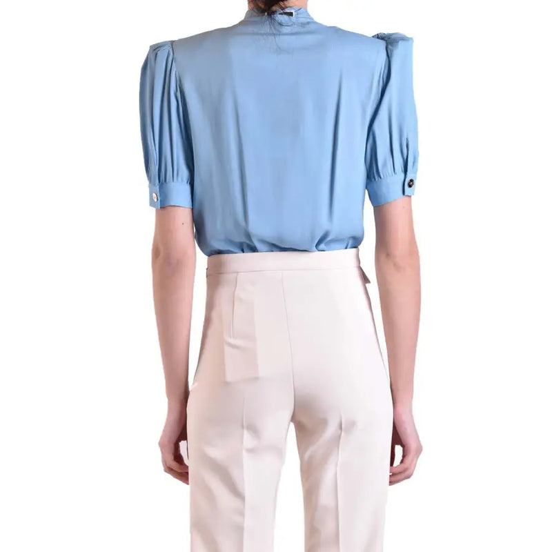 Light blue viscose blouse by Elisabetta Franchi with short puffed sleeves and buttoned cuffs in satin finish