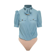 Light blue viscose short sleeve blouse by Elisabetta Franchi with puffed sleeves and bow neckline detail