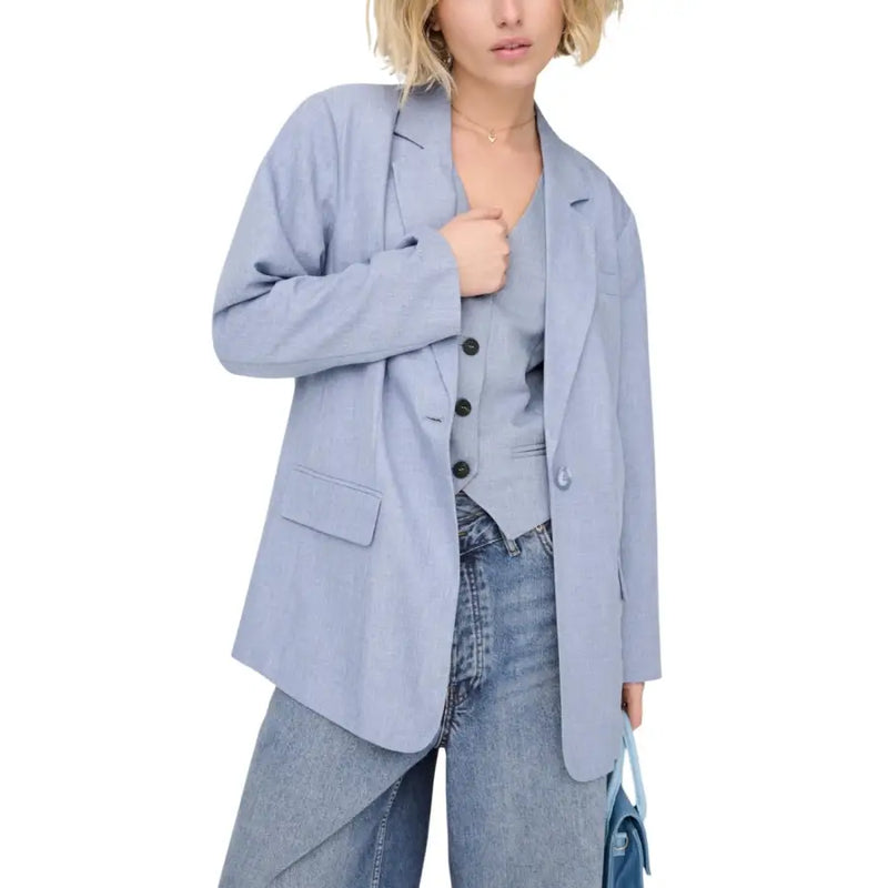 Light blue women’s linen blazer with black button front and flap pockets ideal for formal and casual wear