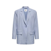 Light blue women’s blazer with single button closure, two front flap pockets, and a structured yet relaxed fit
