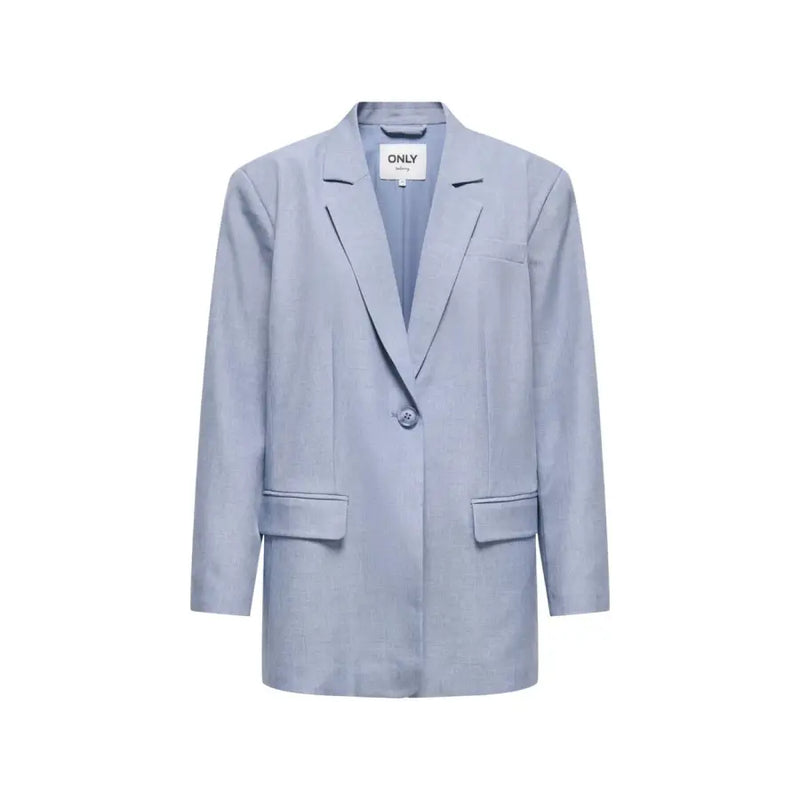Light blue women’s blazer with single button closure, two front flap pockets, and a structured yet relaxed fit