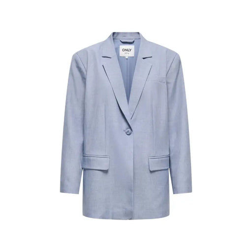 Light blue women’s blazer with single button closure, two front flap pockets, and a structured yet relaxed fit