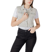 Light gray denim vest with classic collar front button closure and two chest pockets made of durable denim material
