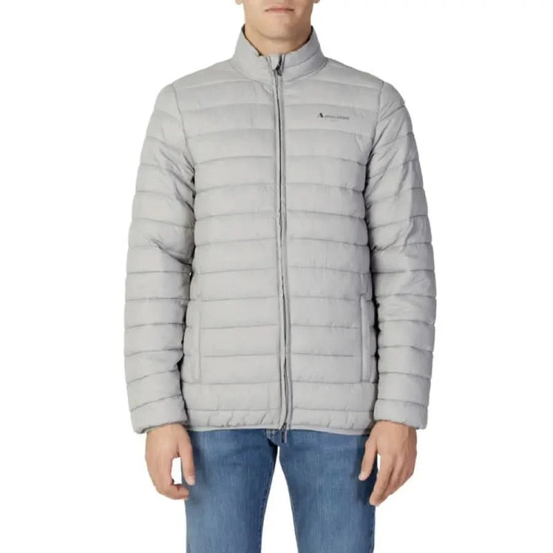 Light gray quilted puffer jacket featuring full-length zipper and front pockets