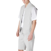 Light gray sleeveless bomber vest for men with front zipper and adjustable drawstring waistband