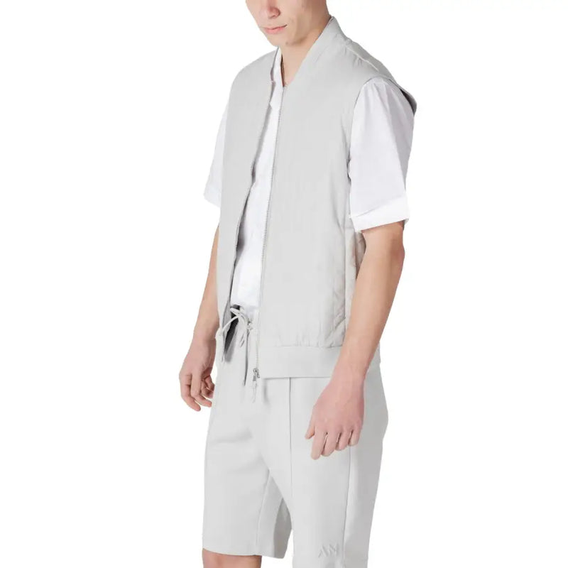 Light gray sleeveless bomber vest for men with front zipper and adjustable drawstring waistband
