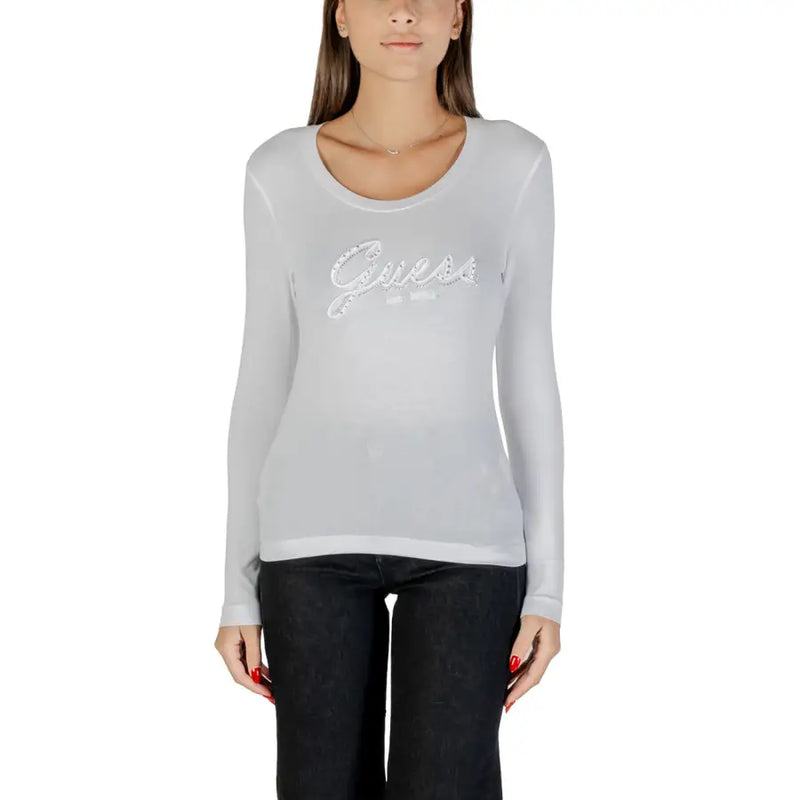 Light grey Guess long-sleeved top with rhinestone logo for women in fall winter collection