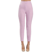 Light pink high-waisted trousers stylishly showcased for contemporary fashion