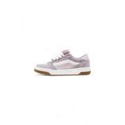 Light purple suede and white leather Vans slip-on sneakers with white laces and gum sole