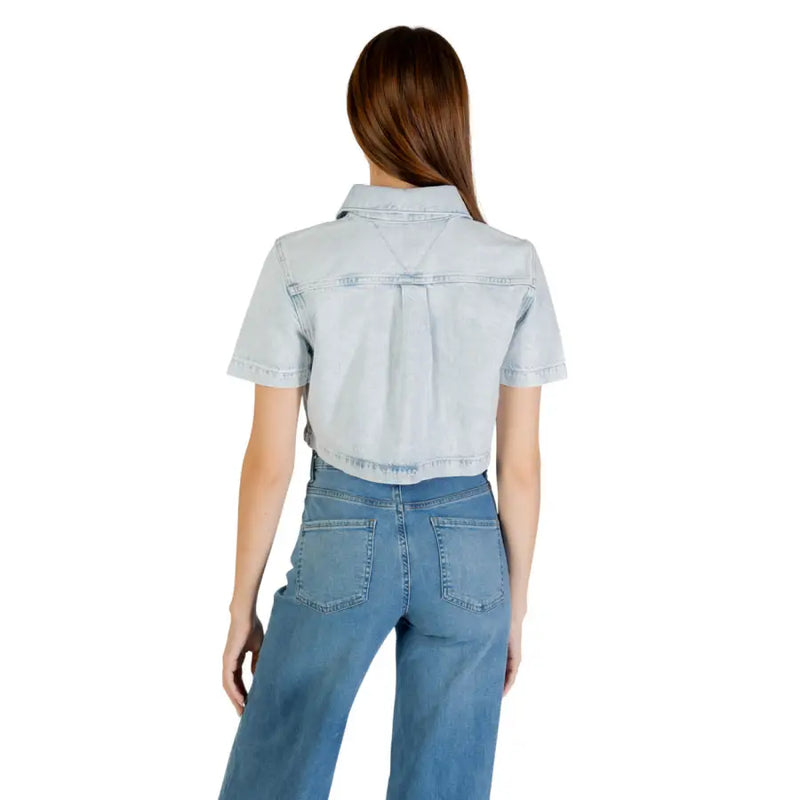 Light-wash denim crop top with collar and button-front closure from Tommy Hilfiger Jeans Women