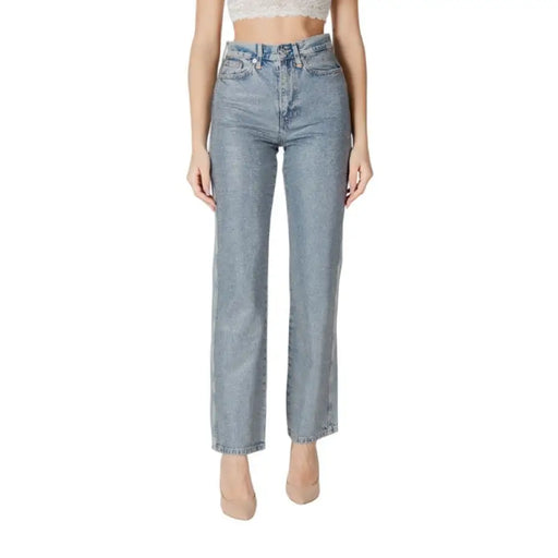 High waisted light blue denim jeans shown in product High Waisted Light Blue Denim Jeans