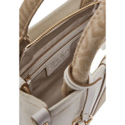 Liu Jo beige cotton handbag with shoulder strap featuring beige textured fabric gold-tone zipper and white leather trim