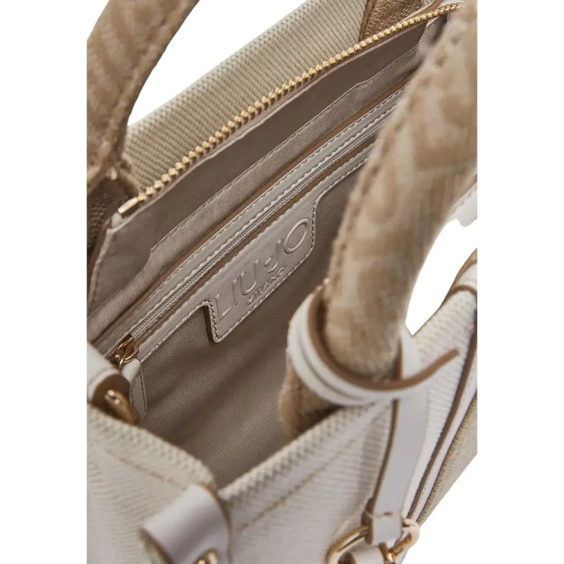 Liu Jo beige cotton handbag with shoulder strap featuring beige textured fabric gold-tone zipper and white leather trim