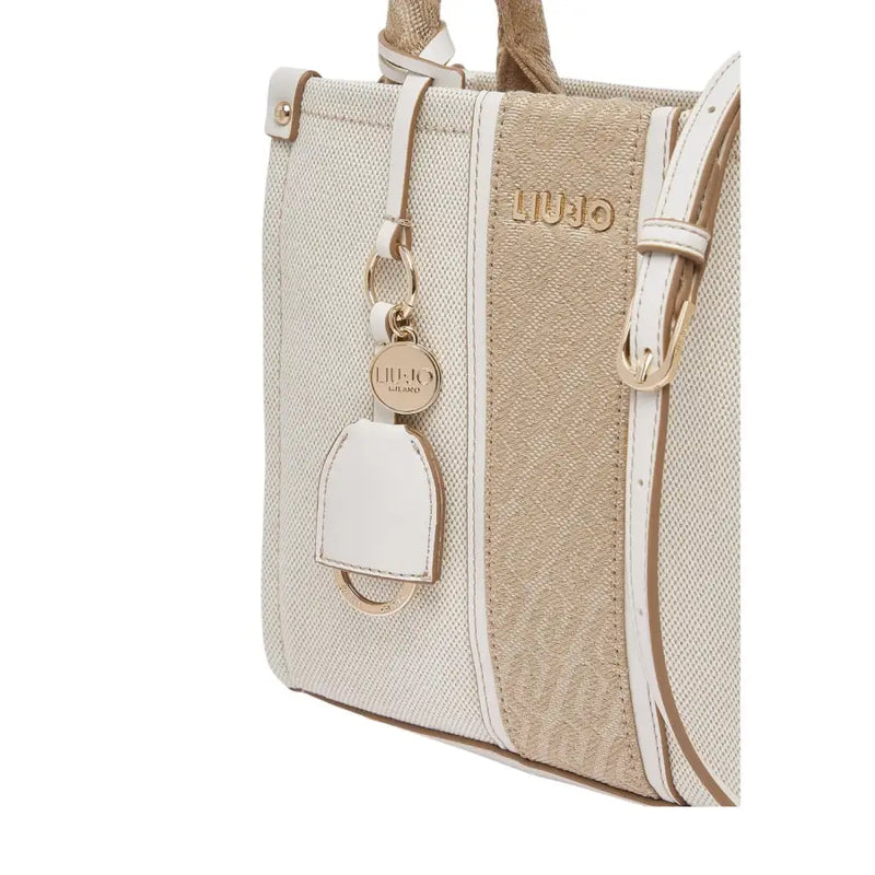 Liu Jo beige cotton canvas tote bag with cream texture gold-tone hardware and branded leather tag with shoulder strap