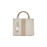 Liu Jo beige cotton handbag featuring a woven canvas tote with a textured stripe silver-tone hardware and braided handles