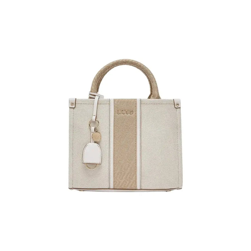 Liu Jo beige cotton handbag featuring a woven canvas tote with a textured stripe silver-tone hardware and braided handles