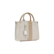 Liu Jo beige cotton handbag with shoulder strap featuring a beige and cream two-tone woven textured pattern and l.u.c.o brand name