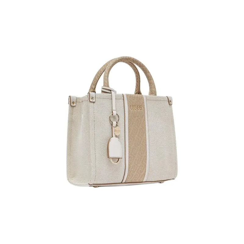 Liu Jo beige cotton handbag with shoulder strap featuring a beige and cream two-tone woven textured pattern and l.u.c.o brand name
