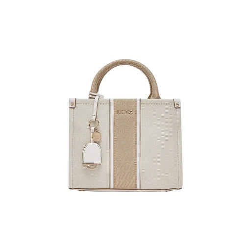 Liu Jo beige cotton handbag featuring a woven canvas tote with a textured stripe silver-tone hardware and braided handles