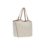 Liu Jo beige cotton handbag with lace pattern featuring brown leather handles and trim with zip pocket