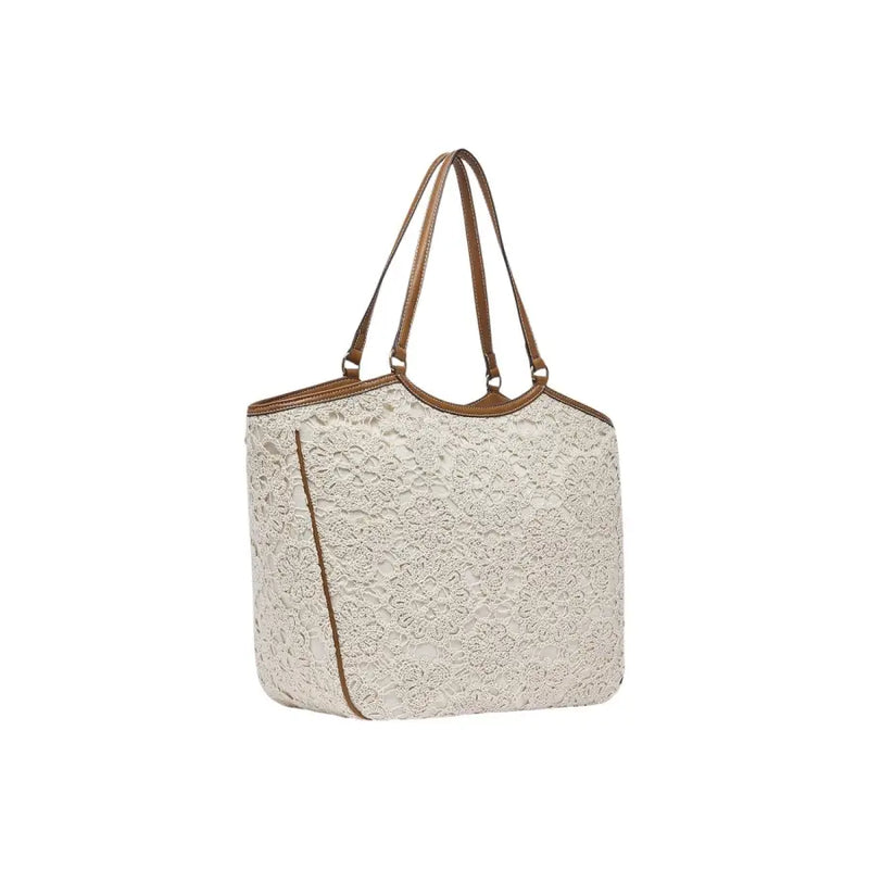 Liu Jo beige cotton handbag with lace pattern featuring brown leather handles and trim with zip pocket