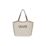 Cream-colored lace Liu Jo beige cotton tote bag with brown leather handles and zip pocket featuring logo