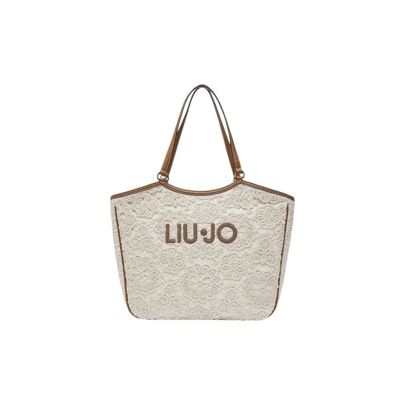 Cream-colored lace Liu Jo beige cotton tote bag with brown leather handles and zip pocket featuring logo
