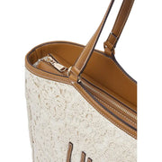 Liu Jo beige cotton handbag with white lace top, tan leather handles, trim, and gold-tone zipper pocket