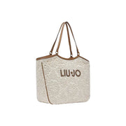 Cream-colored lace Liu Jo tote bag with brown leather handles and trim featuring a zip pocket