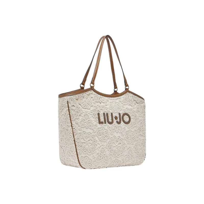Cream-colored lace Liu Jo tote bag with brown leather handles and trim featuring a zip pocket