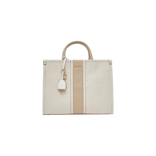 Liu Jo beige handbag canvas tote with two-tone design, woven handle, metallic logo tag, shoulder strap, and zip pocket