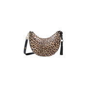 Liu jo beige crescent-shaped leopard print shoulder bag with black leather straps and tassel detail and zip pockets
