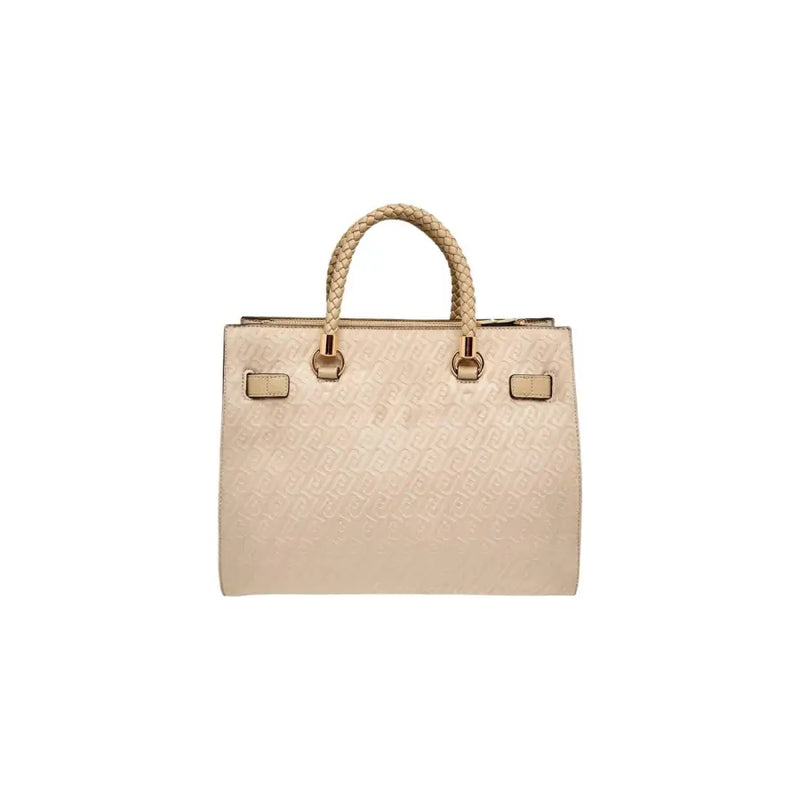 Liu jo beige polyester handbag with braided handles and embossed logo pattern with shoulder strap