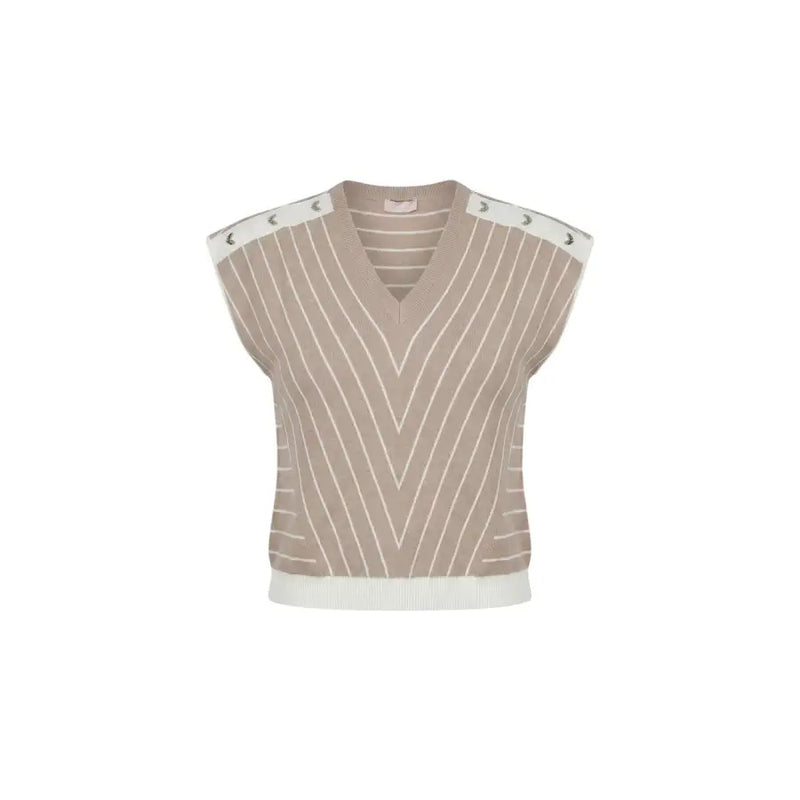 Liu jo beige and white vertically striped knit sleeveless vest with ribbed trim and v neck front view