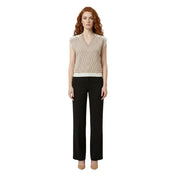 Liu jo beige sleeveless knit blouse with white geometric stripes and shoulder embellishments in v neck design
