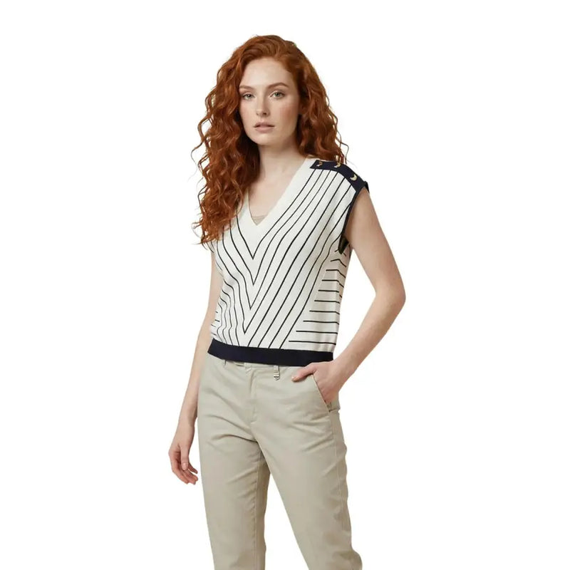 Liu Jo Beige gestreifte, ärmellose Bluse mit V-Ausschnitt, schwarz-weißen Diagonalstreifen und marineblauem Besatz