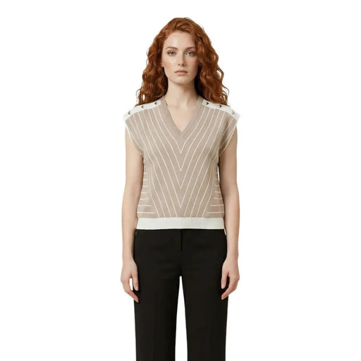 Liu Jo Beige gestreifte, ärmellose Bluse mit V-Ausschnitt und Schulterknöpfen
