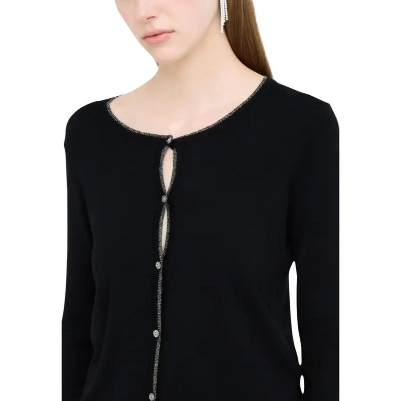 Liu Jo black button front long sleeve knit cardigan with subtle shimmering trim along neckline and placket