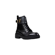 Liu Jo black faux leather ankle boots with zip featuring gold-tone buckle and laces in a stylish design