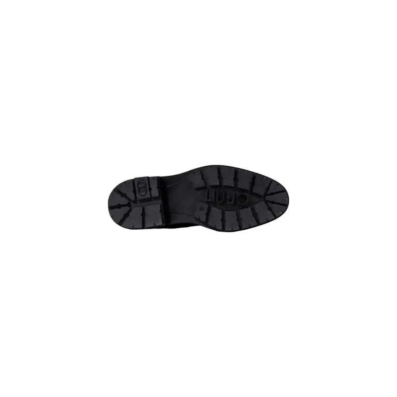 Black rubber sole with deep tread pattern and embossed logo on liu jo black faux leather ankle boots with zip