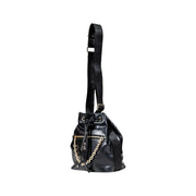 Black faux leather drawstring bucket bag with gold chain accent from Liu Jo