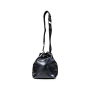 Black leather drawstring bucket bag with shoulder strap and exterior pocket from Liu Jo