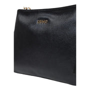 Liu Jo black leather clutch handbag with gold-tone logo, zipper pull, shoulder strap, and zip pocket