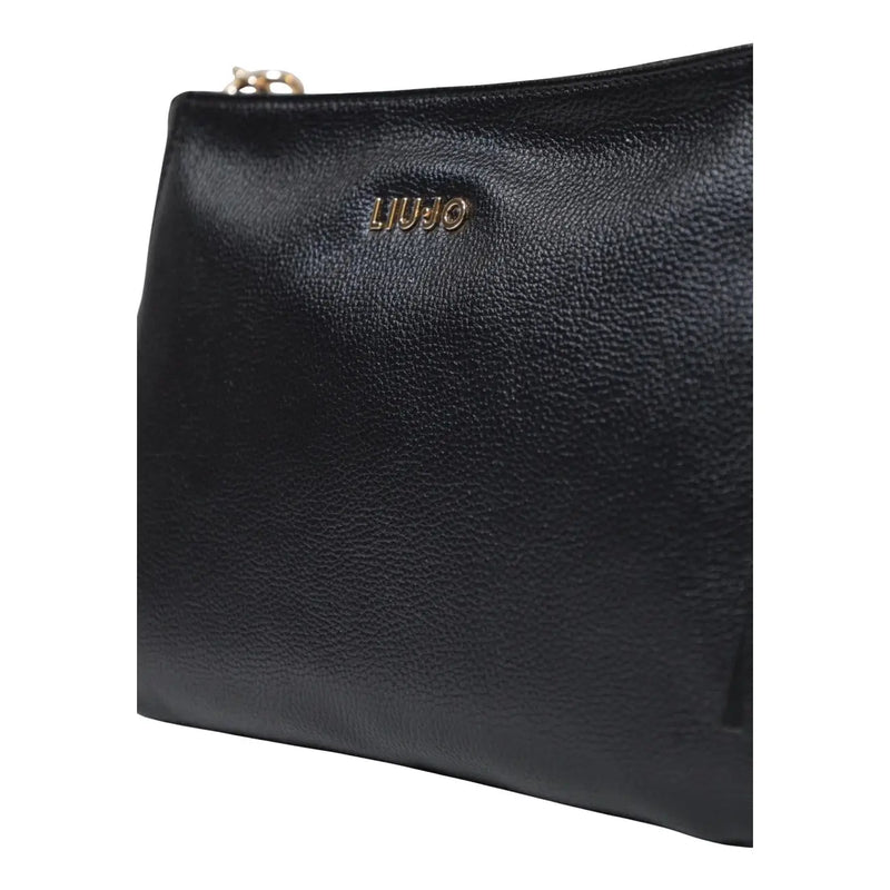 Liu Jo black leather clutch handbag with gold-tone logo, zipper pull, shoulder strap, and zip pocket