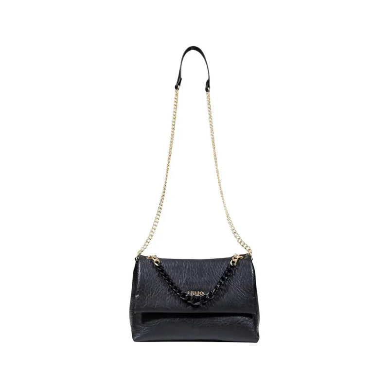 Black patent leather Liu Jo handbag with gold chain strap and decorative black chain flap