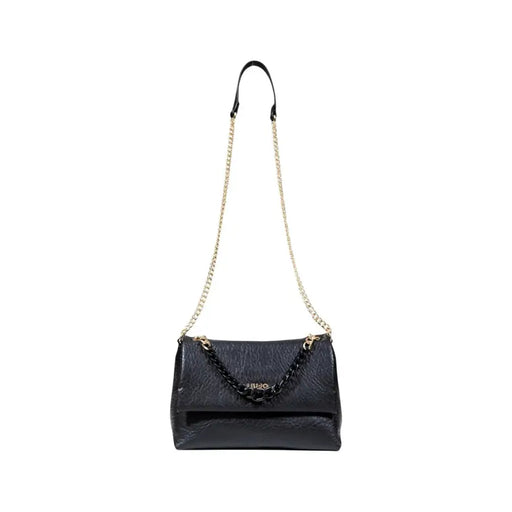 Black patent leather Liu Jo handbag with gold chain strap and decorative black chain flap