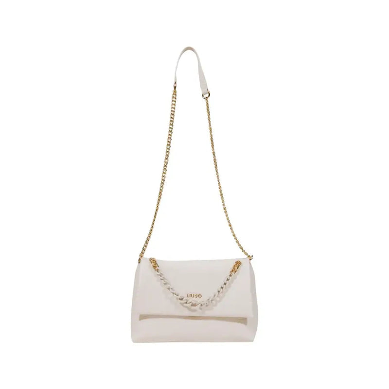 White shoulder bag with gold chain strap and decorative white chain accent for women