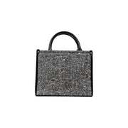 Black and white tweed tote bag with leather trim and handles for women