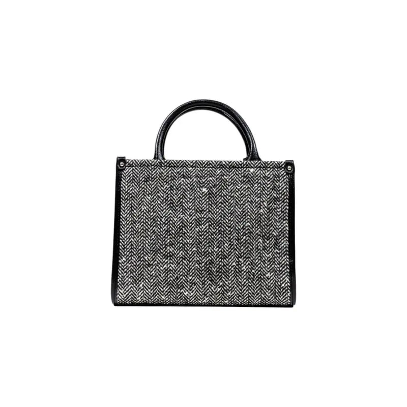 Black and white tweed tote bag with leather trim and handles for women